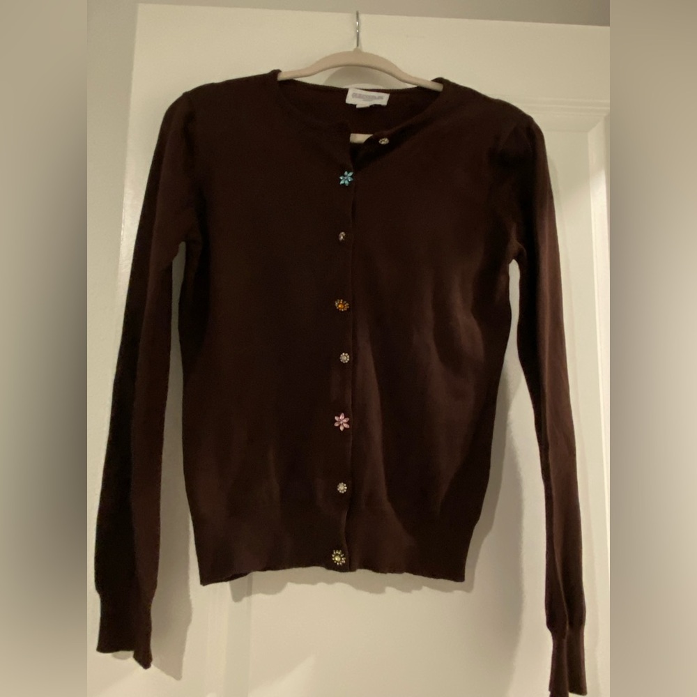 QUEENSPARK Chocolate Cardigan with Colorful Floral Buttons